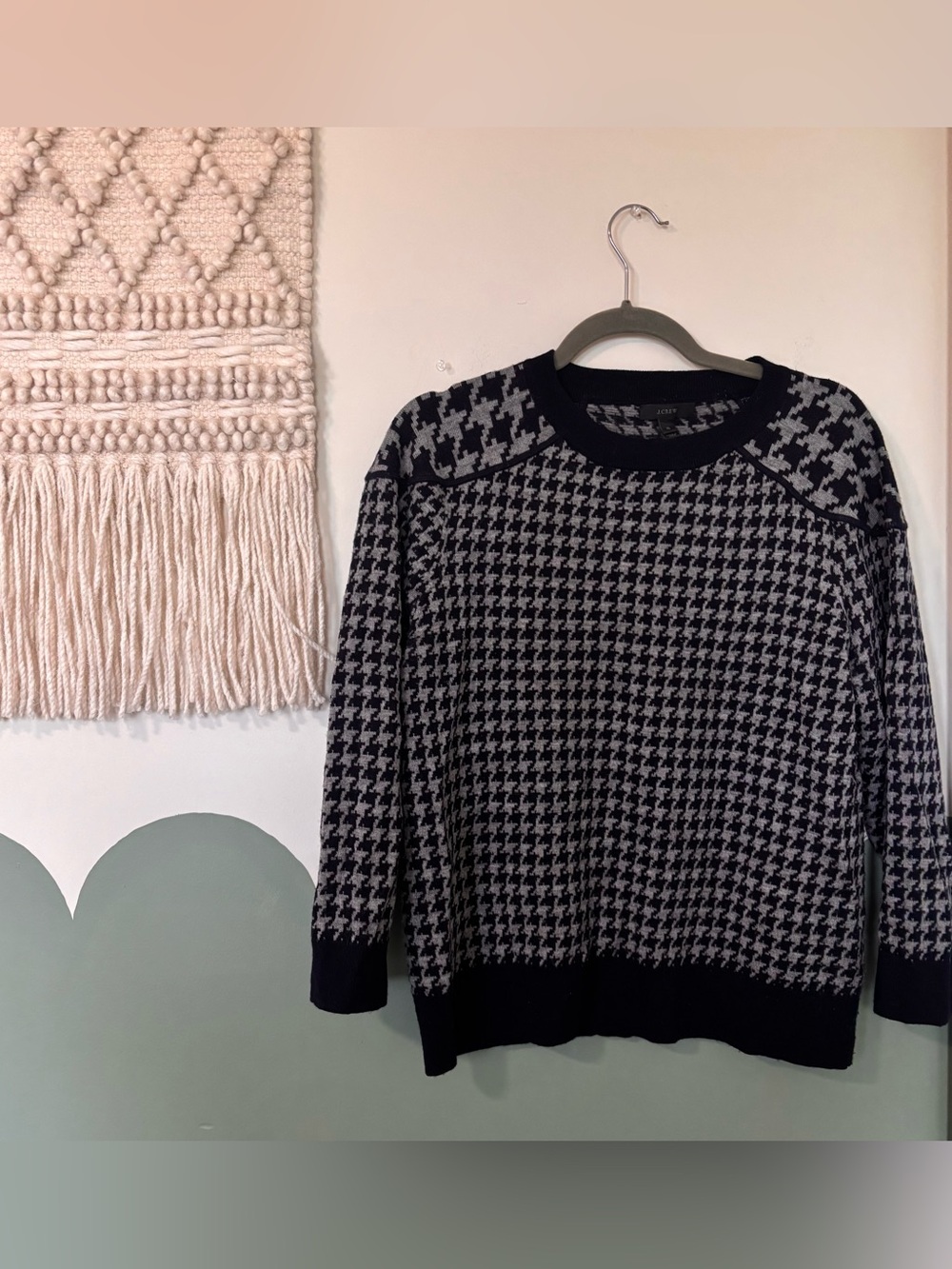J.Crew grey & navy houndstooth Merino Wool sweater